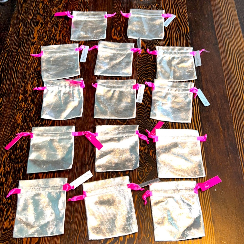 NWT Small silver drawstring pouches pink drawstrings - set of 14